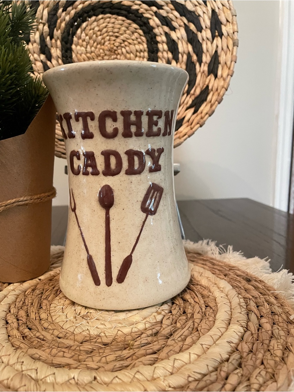 Vintage Cream Ceramic Kitchen Caddy with Brown Lettering